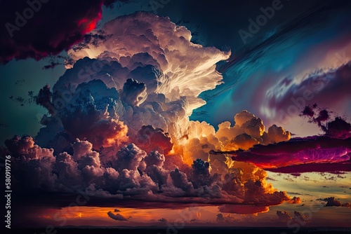 colorful dramatic sky with cloud at sunset. Generative AI © AkuAku