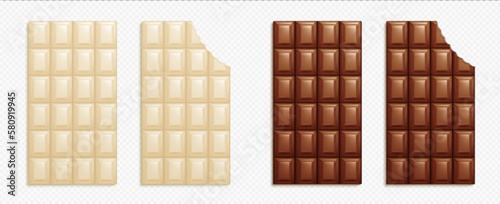 Dark and white chocolate bars with bites. Sweet milk chocolate with tile pattern in top view isolated on transparent background, vector realistic illustration