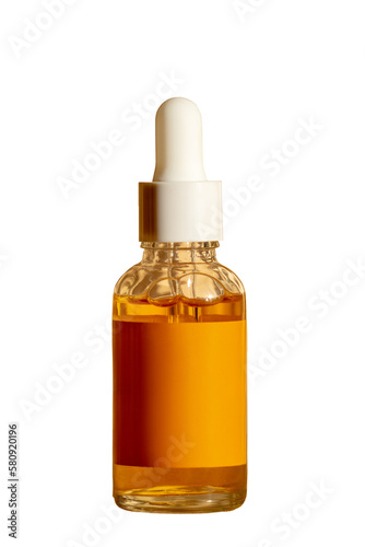 Fototapeta Naklejka Na Ścianę i Meble -  Serum in glass bottle with dropper cap on transparent background. Orange essential oil for women's skin care in png format. Beauty concept, rejuvenation.