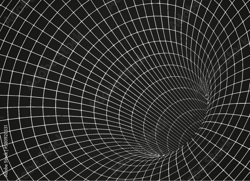 White wireframe wormhole on black, 3d funnel or portal. Graphic illusion of grid hole, line warp, abstract geometric mesh vector illustration on dark background