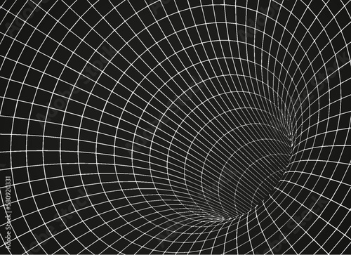 Fototapeta Naklejka Na Ścianę i Meble -  White wireframe wormhole on black, 3d funnel or portal. Graphic illusion of grid hole, line warp, abstract geometric mesh vector illustration on dark background