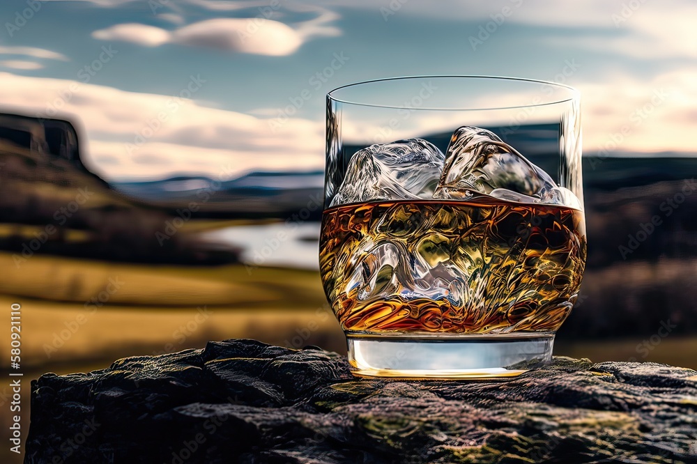 Whisky in Scottish Highlands: Rocks, Real & Imagined. Photo generative AI - obrazy, fototapety, plakaty 