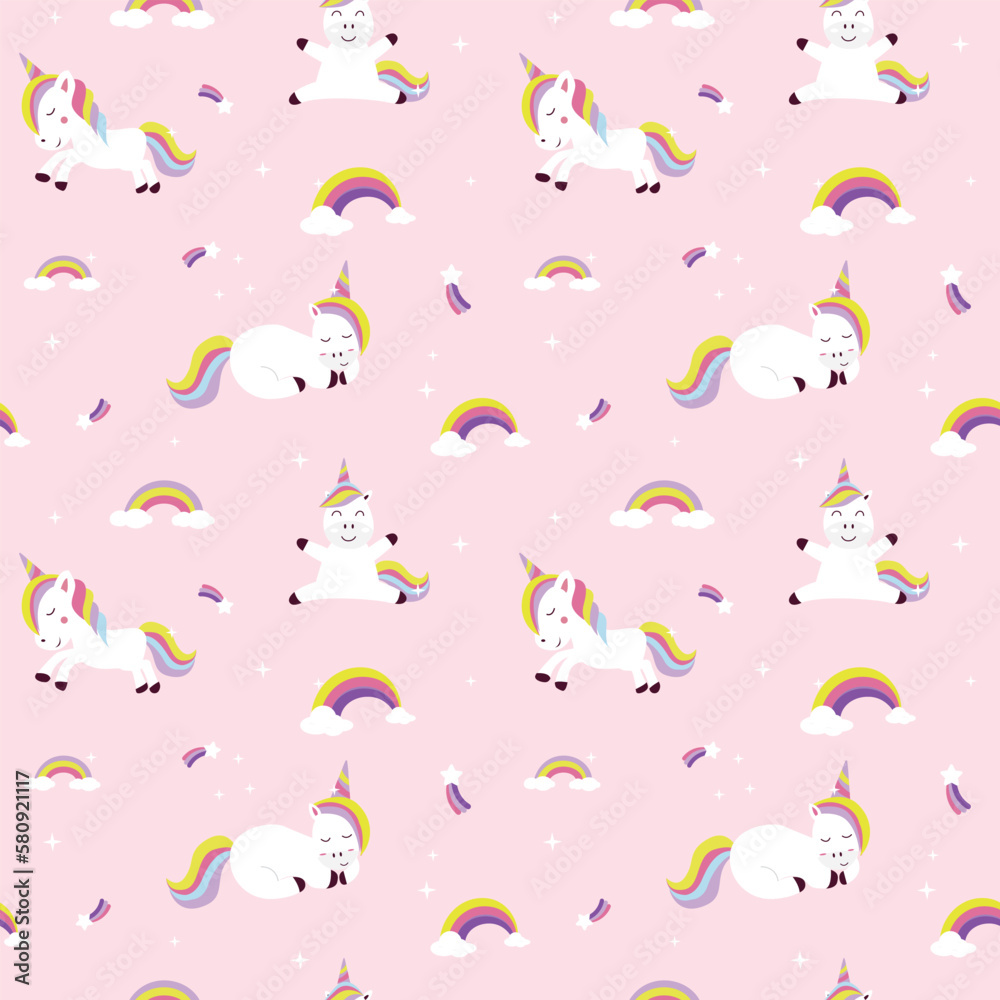 Playing unicorn and rainbow seamless kids pattern. Creative kids texture for fabric, wrapping, textile, wallpaper, apparel etc. Repeatable vector illustration.