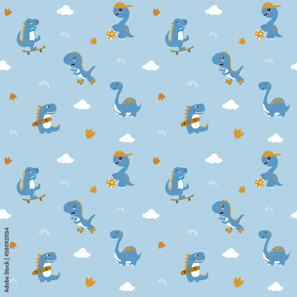 Cute dinosaurs playing games seamless kids pattern. Creative kids texture for fabric, wrapping, textile, wallpaper, apparel. Repeated vector illustration. Cute dinosaurs playing games seamless kids pattern. Creative kids texture for fabric, wrapping, textile, wallpaper, apparel. Repeated vector illustration.