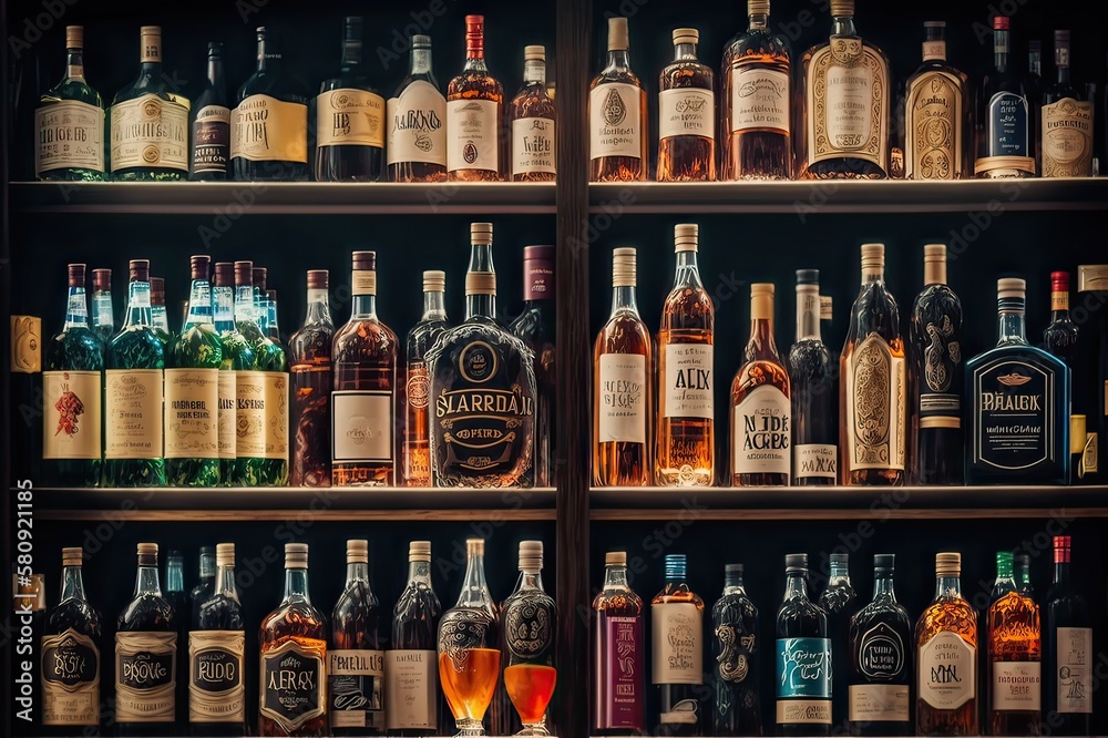 Liquor Store: Variety of Hard Liquor Brands. Photo generative AI - obrazy, fototapety, plakaty 