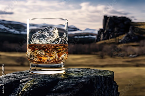 Whisky in Scottish Highlands: Rocks, Real & Imagined. Photo generative AI