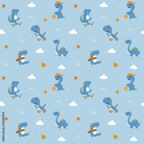 Cute dinosaurs playing games seamless kids pattern. Creative kids texture for fabric  wrapping  textile  wallpaper  apparel. Repeated vector illustration.