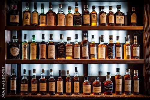 Large Scotch Whisky Variety in Bar. Photo generative AI