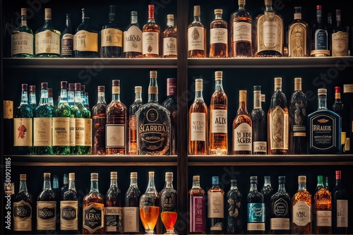 Leinwand Poster Liquor Store: Variety of Hard Liquor Brands. Photo generative AI