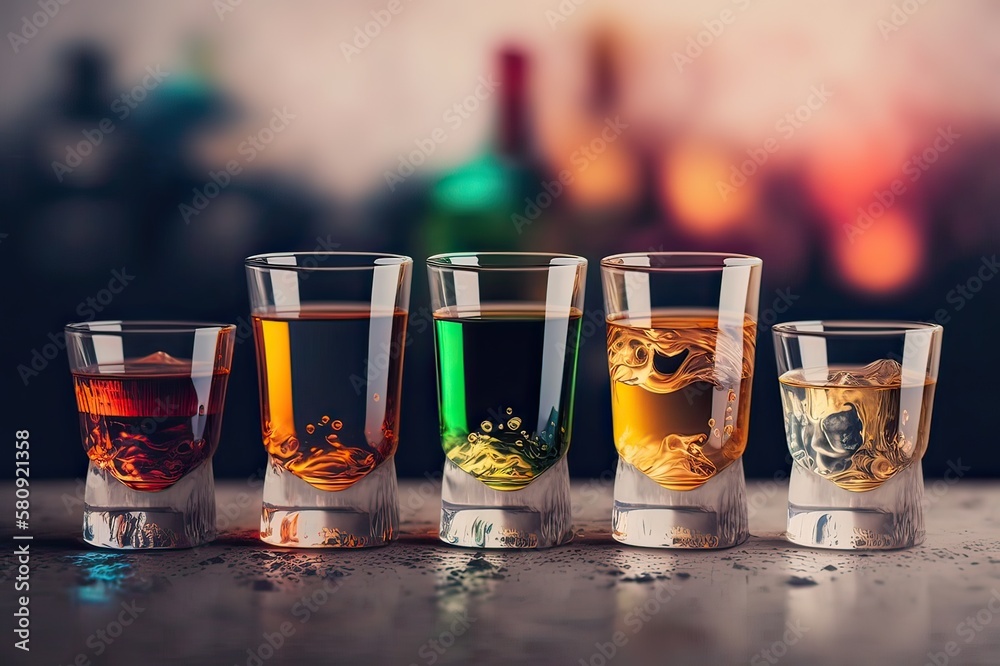 Five shot glasses with assorted alcohols. Photo generative AI - obrazy, fototapety, plakaty 