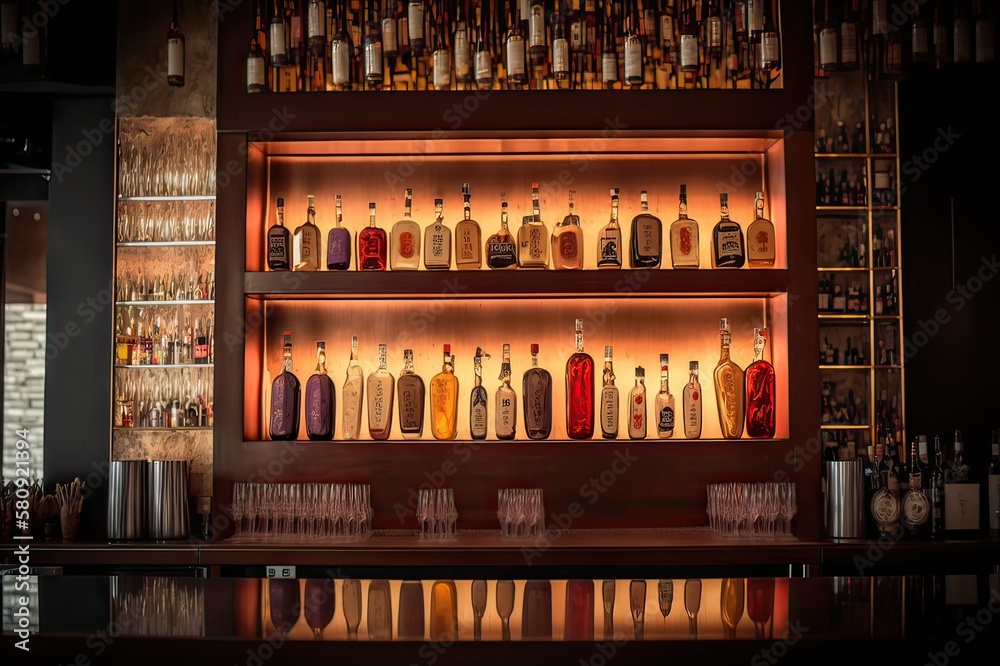 A  restaurant's bar with drinks shelf. Photo generative AI