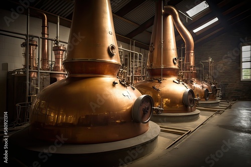 Inside view of a Scotch whisky distillery. Photo generative AI photo