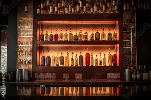 A restaurant's bar with drinks shelf. Photo generative AI