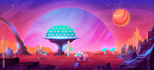 Fototapeta Naklejka Na Ścianę i Meble -  Futuristic city under glass dome on alien planet. Vector cartoon illustration of modern rover, solar panels and space buildings on red rocky landscape. Fantasy science and tecnhology cosmic station