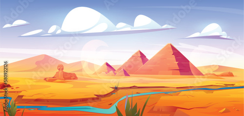 Drought in Egyptian desert with ancient pyramids and antique sphinx statue on bank of almost dry river. Vector cartoon illustration of sandy valley landscape with dunes  pharaoh tombs. Global warming