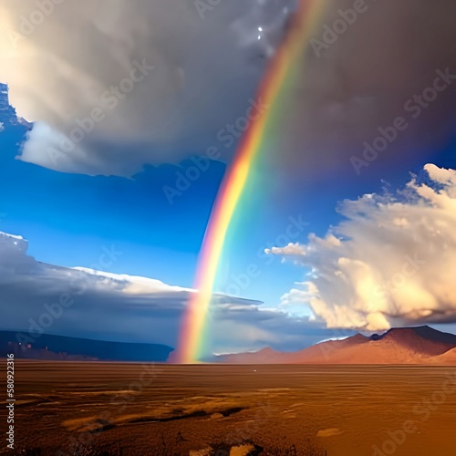 Rainbow touching down onto the ground, misty, cloudy, plain mountainous desert landscape. Ai © Dylan