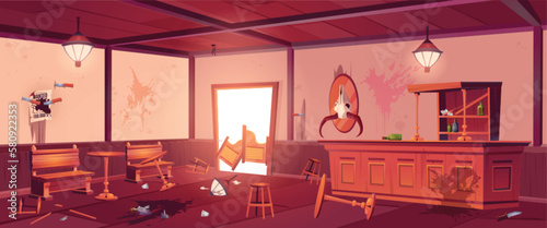 Mess in tavern after criminal fight. Vector cartoon illustration of wild west saloon with broken furniture and glass bottles on floor, stains on walls, overturned tables and damaged wooden door