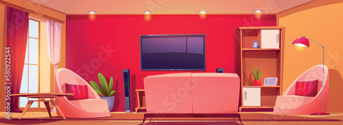 Living room interior with red wall, tv and couch, back view cartoon vector background. Sofa and armchair in bright apartment with plant on shelf. Modern indoor flat illustration of empty livingroom.