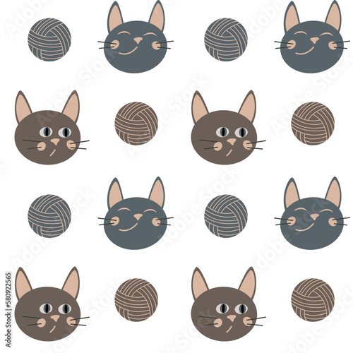 Funny domestic animal wallpaper. Cute cats muzzle texture. Vector seamless pattern with pets.