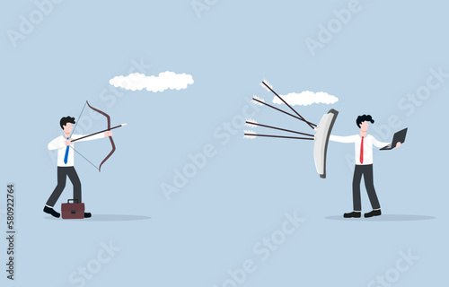 Strong and sustainable business, strategy to 
overcome competitor, efficient operation, unique value proposition concept, Businessman holding shield to protect arrows while working chill.