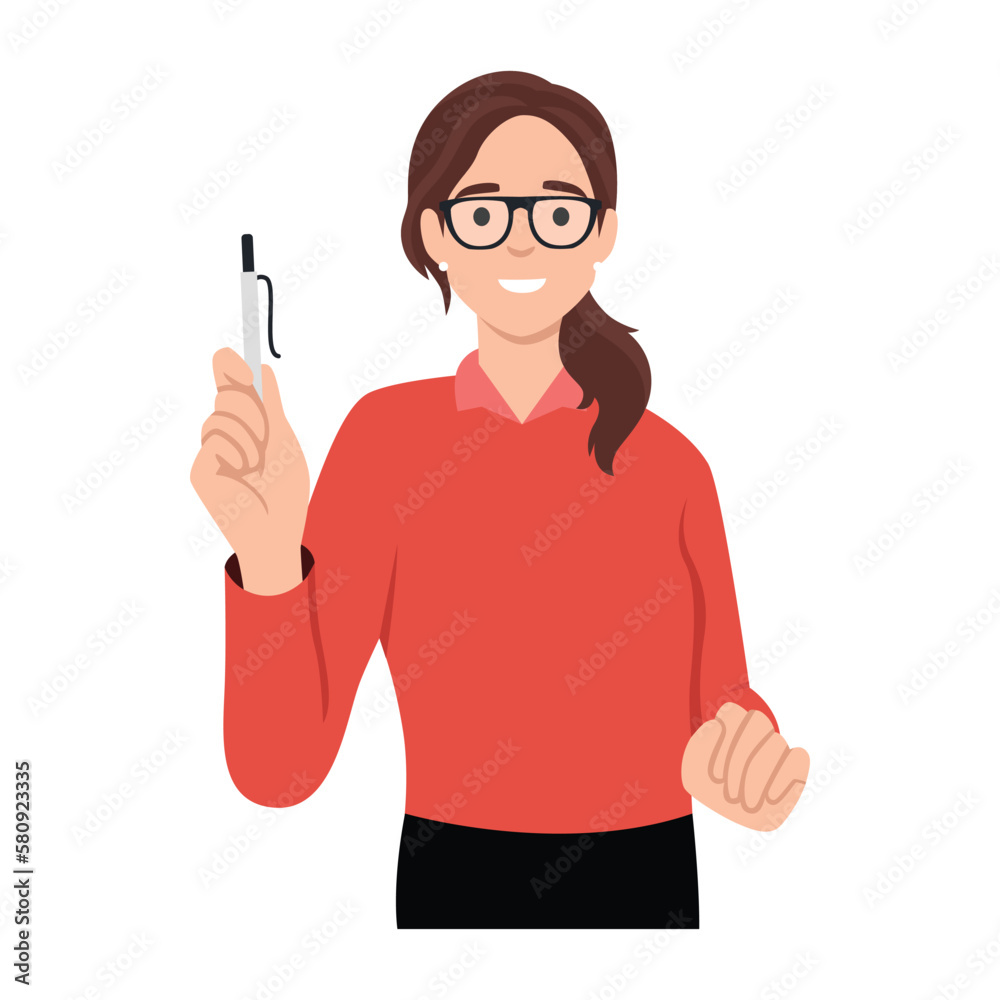 Happy woman in glasses holding large notepad in hands and with smile making note or plan for day. Positive girl standing with book holding pen Happy woman in glasses holding large notepad in hands and with smile making note or plan for day. Positive girl standing with book holding pen