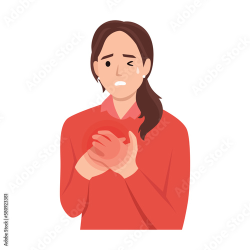 Woman feel chest pain. Heart attack or symptoms of heart disease. Idea of health danger and sickness. 2019 nCoV symptom. Virus prevention and protection. Corona virus alert