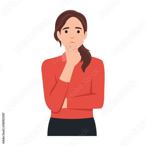 A beautiful woman with her hand on her chin showing a thought, thinking, or having a question