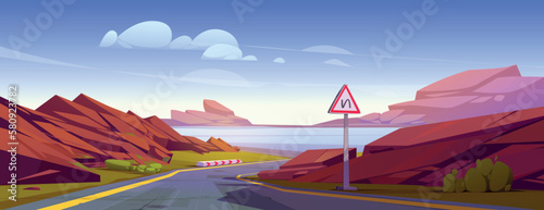 Winding highway with mountain and lake landscape. Vector cartoon illustration of asphalt road running to river, warning traffic sign, rocks on horizon, blue sky with fluffy clouds. Travel adventure
