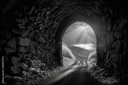 the end of the stone tunnel's light (black&white). Generative AI