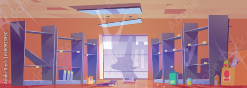 Destroyed empty supermarket with broken window. Vector illustration of looted product shelves, damaged boxes and food packages, bottles on floor, lamps on ceiling, cobweb on walls. War apocalypse