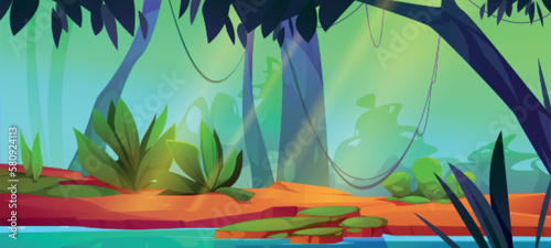 Cartoon jungle landscape with river. Vector illustration of tropical forest landscape with green bushes, grass, liana vines hanging on trees, blue lake water surface. Rainforest adventure background