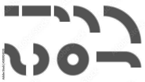 Set of gray road pieces for road construction isolated on white. Clipart.