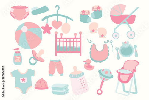 Set of Baby Equipment Cute Hand Drawn Illustration