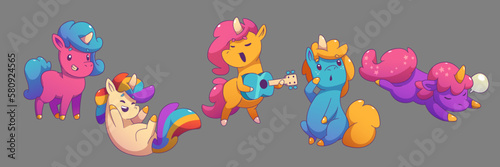 Vector cute rainbow unicorn illustration design. Baby pony cartoon fairy animal set. Isolated magic horse icon collection with face expression and different pose. Magical creature character with horn. © klyaksun