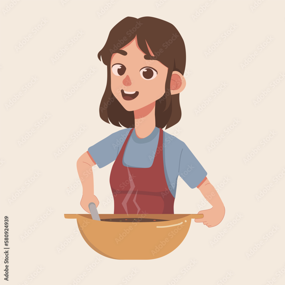 Beautiful brunette woman in apron is happy cooking delicious soup in yellow pot. vector illustration Beautiful brunette woman in apron is happy cooking delicious soup in yellow pot. vector illustration