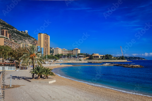 Mediterranean coastline on Larvotto Beach in Monte Carlo Principality of Monaco photo