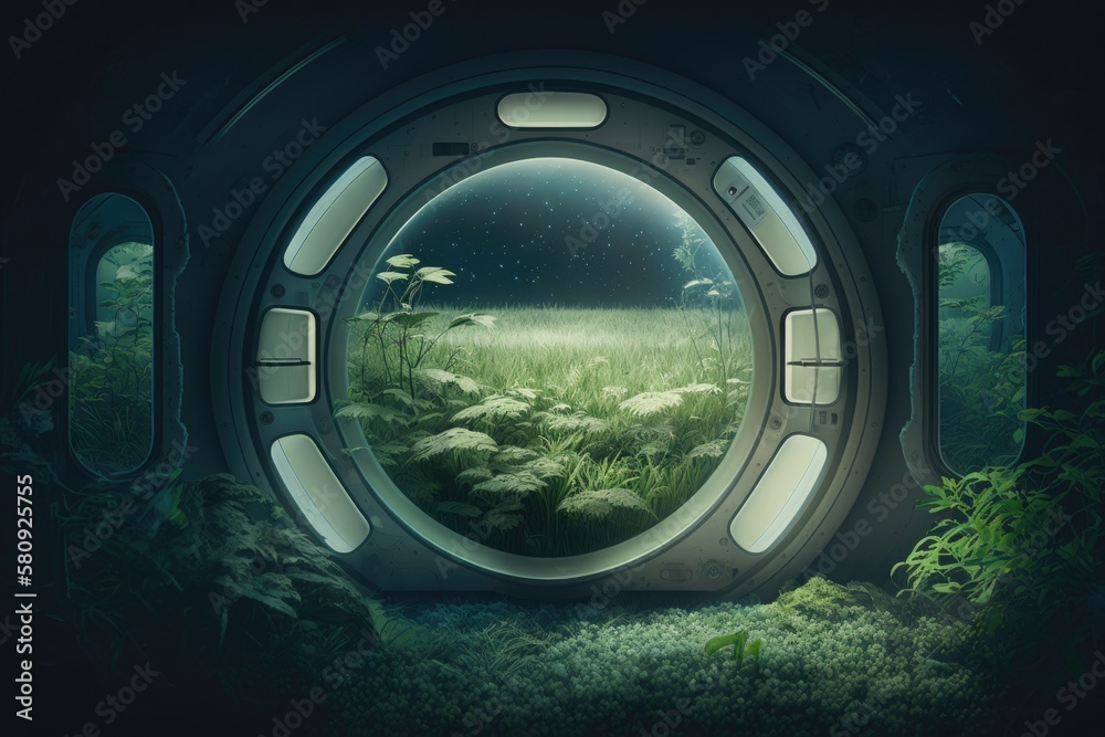 Uninhabited compartment in a deserted space station covered of grass ...