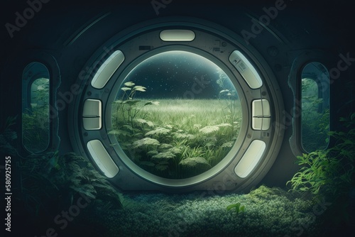 Uninhabited compartment in a deserted space station covered of grass and flora. The space station's hall is illuminated by light coming through windows and portholes. Something odd is taking place