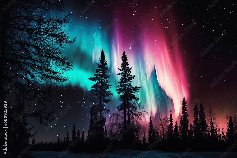 Colorful northern light illustration. Neon aurora borealis. Bright neon polar lights scenery. Generative AI