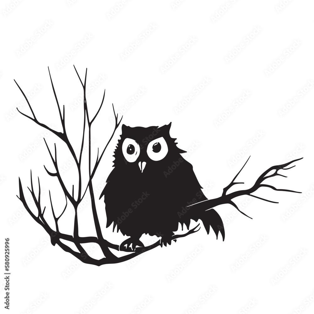 Fototapeta premium Crazy owl seating on the branch closeup. Good for tattoo. Editable vector monochrome image with high details isolated on white background