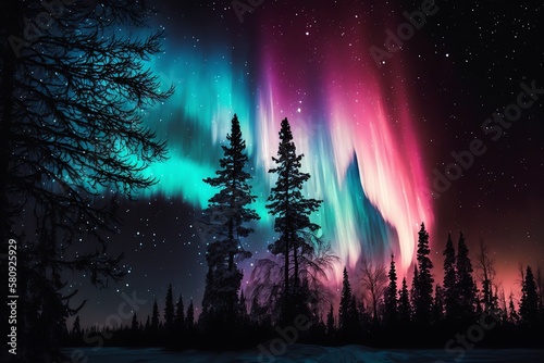 Colorful northern light illustration. Neon aurora borealis. Bright neon polar lights scenery. Generative AI