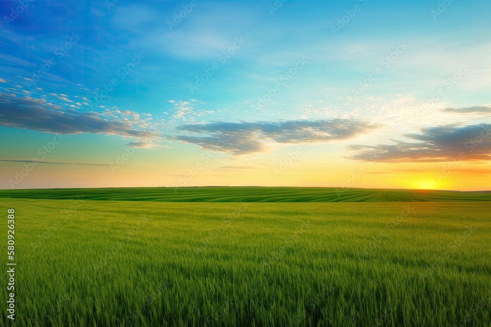 Green field, blue sky, and sparse clouds A vivid sunrise is visible above the horizon. agricultural setting Broad shot. Generative AI