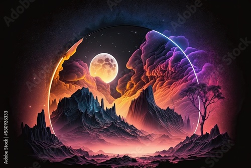 Abstract neon space landscape dream. Month and moon, mountains, fog, and star nebulae. Realistic fantasy setting zodiac signs, silhouettes, and horoscopes. illustration. Generative AI