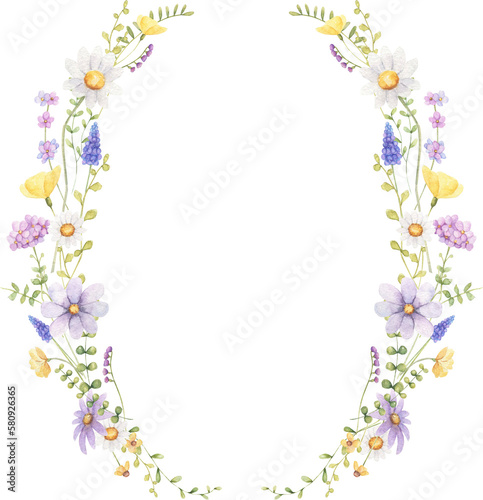Wildlflower wreath watercolor illustration. Spring, summer floral frame. 