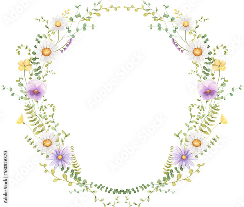 Wildlflower wreath watercolor illustration. Spring, summer floral frame. 