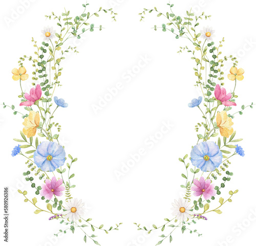 Wildlflower wreath watercolor illustration. Spring, summer floral frame. 