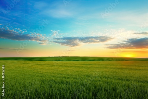 Green field  blue sky  and sparse clouds A vivid sunrise is visible above the horizon. agricultural setting Broad shot. Generative AI