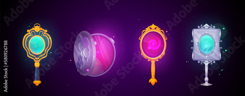 Magic mirrors with vintage silver and gold frames. Antique oval hand mirrors with colored reflection, metal and golden border, vector cartoon set isolated on background