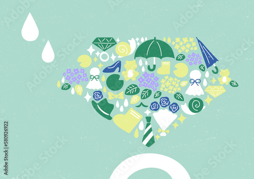 梅雨の季節のイラスト　イベントの可愛いアイコンセット　アジサイ　カエル　結婚式　父の日　記念日