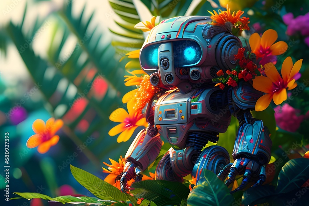 Illustration of a cute robot against a background of flowers. Generative AI